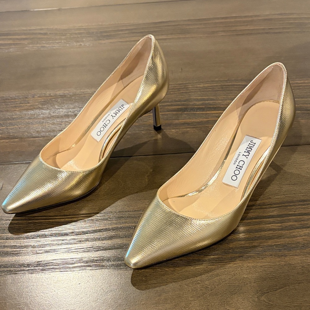 Jimmy Choo Metallic Gold Pointed Toe Kitten Heel Pumps
